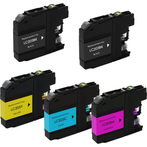 Picture of Compatible Brother LC203 (LC203BK/LC203C/LC203M/LC203Y) Inkjet Color Combo, 2xBlack, Cyan, Magenta, Yellow, 550 High Yield, 5 Cartridge Pack (2K/1C/1M/1Y)