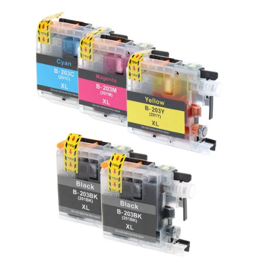 Picture of Compatible Brother LC203 (LC203BK/LC203C/LC203M/LC203Y) Inkjet Color Combo, 2xBlack, Cyan, Magenta, Yellow, 550 High Yield, 5 Cartridge Pack (2K/1C/1M/1Y)